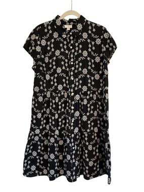 J. Jill Black Embroidered Tiered Mini Dress | Button Front Boho Floral Cotton |L